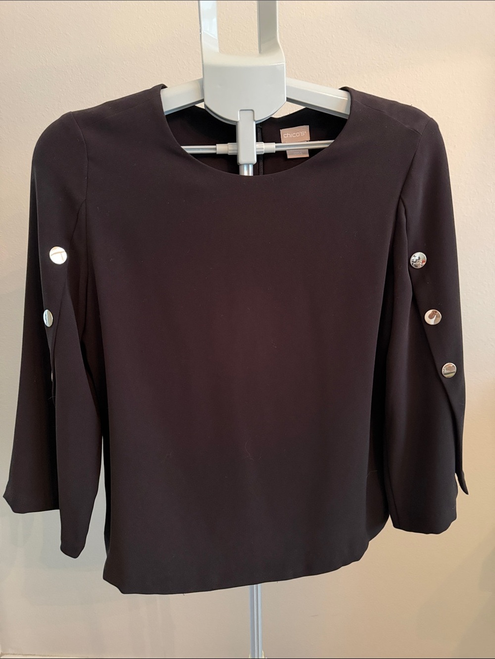 Chico's Black Military Popover 3/4 Sleeve Blouse with Button Trim